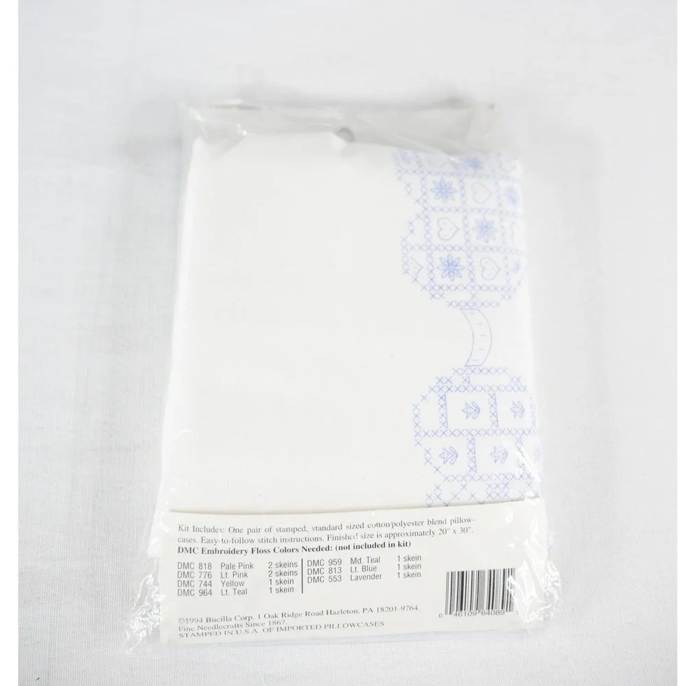 Bucilla Embroidery Kit Pillowcase Standard White NEW Quilted Hearts 64089 Pair